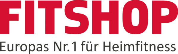 Das Logo von Fitshop enthält den roten Schriftzug 'Fitshop, sowie darunter den Schwarzen Schriftzug 'Europas Nr. 1 für Heimfitness'. 